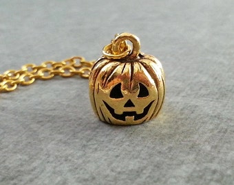 Jack O Lantern Necklace SMALL Gold Pumpkin Necklace Jack-O-Lantern Jewelry Halloween Necklace Halloween Jewelry Halloween Gift Pumpkin Charm