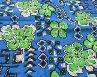 vintage Hawaiian barkcloth fabric blue and green tropical batik look