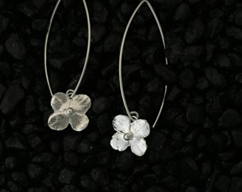 Hydrangea Blossom Earrings, Shiny~Long Ear Wires...Fine & Sterling Silver~Flowers~Artisan Hand Made