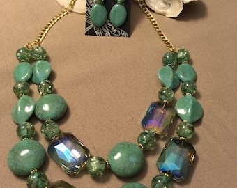 Double Turquoise and Irresedescent Glass Necklace Set
