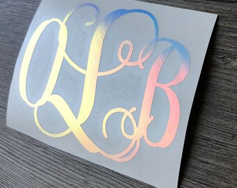 Holographic VIne Script Monogram decal, holographic monogram decal, laptop decal, gift for her, yeti decal, car decal