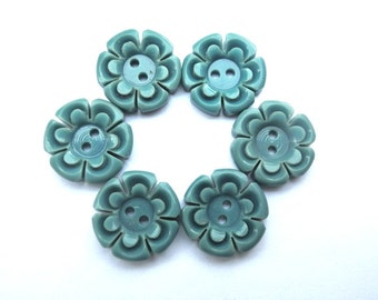 6 Buttons flowers, vintage antique flowers plastic 15mm, blue green, RARE