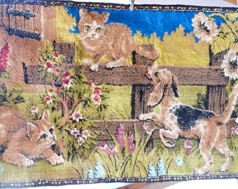 60s Kitsch Kittens Puppies Vintage Tapestry Rug Wall Hanging Lebanon Rayon 1960s Decor Animal Cat Dog Lover Gift