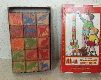 Vintage Box of Wood Building Blocks - Halsam