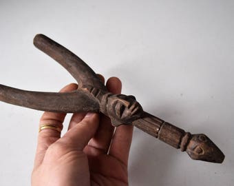 Vintage/antique folk art hand carved old wooden catapult , figural sling shot, African art ,hunting