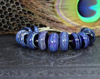 Purple & blue, Blown glass, borosilicate glass, focal, artisan beads, handmade, lampworked, jewelry supplies, bead set of 13, ready to ship.