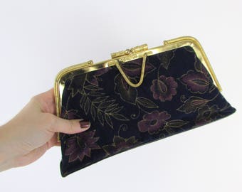 Dark Floral Velvet Clutch Purse - Vintage 1980s Evening Bag