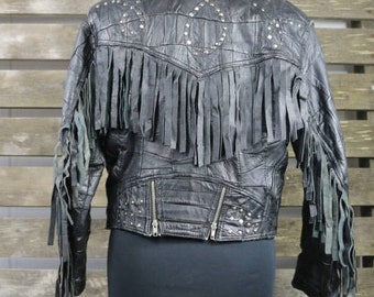 Vintage 1980's Black (Womens/Mens) Fringe Leather Jacket / Motorcycle Jacket