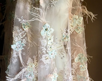 Rose Blush & Aqua Mint 3d Lace, Appliqued, Beaded and Embroidered with Ostrich Feathers for Couture Gowns, Lyrical or Ballet Costume Design