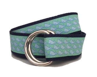 Ribbon Belt/ Woman's D-Ring Belt/ Men's D-Ring Belt/ Canvas Belt/ Preppy Belt/ Cloth Belt/Blue Whale on Green D-Ring Belt