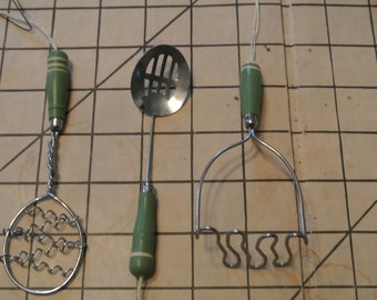 Set of 3 Wood Handled Kitchen Utensils Vintage Kitchen Spoon Whisk Masher
