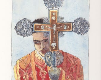 Original watercolor - Etchmiadzin procession-Armenian cathedral-Armenia painting-armenian liturgy