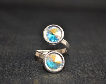 Ring 925 Double cabochon Swarovski crystal ab 8 mm