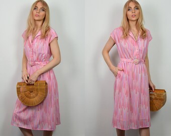 Vintage 70s Pastel Pink Midi Dress