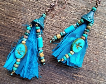 Sari Silk Earrings, Tassel Earrings, Gypsy Jewelry, Recycled Earrings, Silk Earrings, Fringe Earrings, Bohemian Jewelry