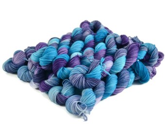 Mini Skeins, Hand Dyed Yarn, Sock Weight, Superwash Merino Wool Yarn, Knitting Yarn, Sock Yarn, Multi-colored, aqua, purple, blue - Voyager