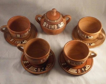 Vintage handmade Terra cotta southwestern cups and saucers and sugar bowl