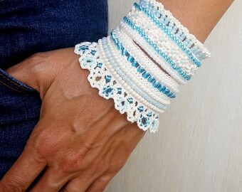 Crochet Cuff Bracelet, Cuff Bracelet in Light Beige, Crochet Jewelry, Beaded Cuff Bracelet, Handmade Unique Gift