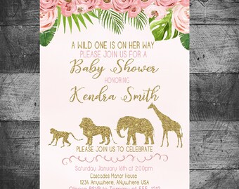 Safari Birthday Invitation, Jungle Safari Baby Shower Invitation, Jungle, Monstera Pink and Gold Jungle Safari Invite, Jungle invitation