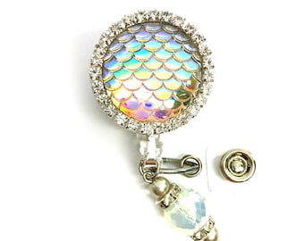 Beautiful Opal Iridescent Mermaid Scale ID Badge Reel! Medical Pediatric Nurse, teacher, office, doctor, lab tech, RN, coworker gift!