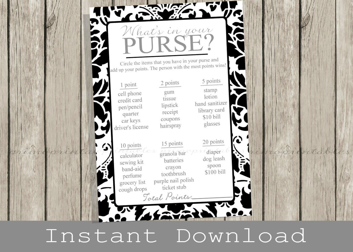 Black and White BRIDAL Shower Purse Game Printable Cards