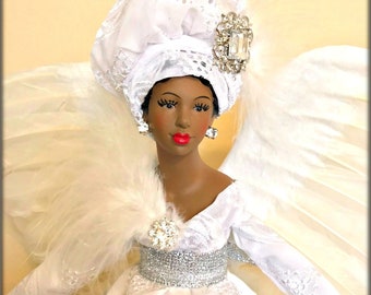 LARGE 19 INCH Black Angel All White, African American Mantle Sized Angel Tree Topper, Christmas Angel, White African Fabric, Tree Top Angel