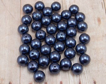 10mm Glass Pearls - Dark Dusty Blue - 40 pieces - Dark Navy - Dark Denim
