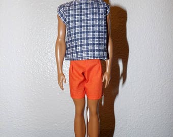 Handmade sleeveless blue plaid shirt & orange shorts for male fashion dolls - kdc103