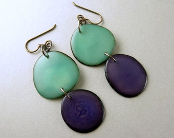 Robins Egg Blue and Grape Tagua Nut Eco Friendly Earrings with Free USA Shipping #taguanut #ecofriendlyjewelry