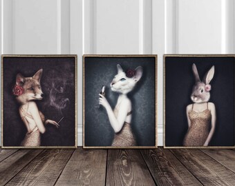 Animal Art, Bar Art, Human Animals, Quirky Art, Pub Decor, Weird Art, Wall Art, Set Of Prints, Bar Decor, Fox, Cat, Bunny, Unframed Prints
