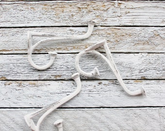 Shabby Chic Wall Hook-Metal Hook-WHITE Small Petite Cast Iron-Set of 3-Ornate-Cottage Chic French Country-Coat Hanger-Garden Tools-Home