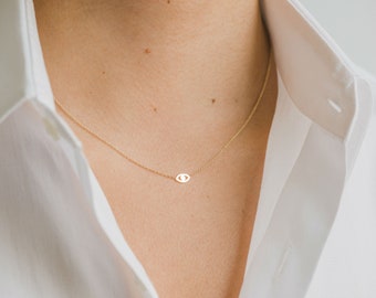 gold evil eye necklace, mini evil eye, 14k gold