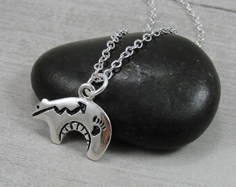 Heartline Bear Necklace, Silver Heartline Zuni Bear Charm on a Silver Cable Chain