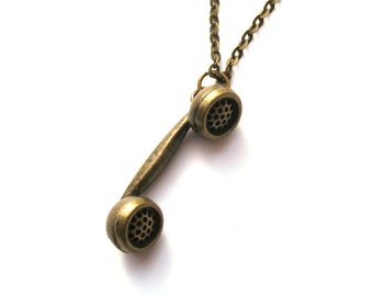 Hanging on the Telephone Necklace, Phone Necklace, Antiqued Bronze, 80s Style, Retro Phone
