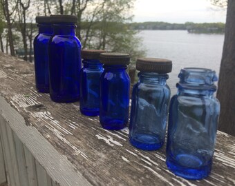 Bromo Seltzer Cobalt Blue Medicine Bottles, Vintage Blue Glass Emerson Drug Company Set of Six