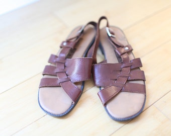 vintage cut out woven brown leather hurache sandals womens 6 *