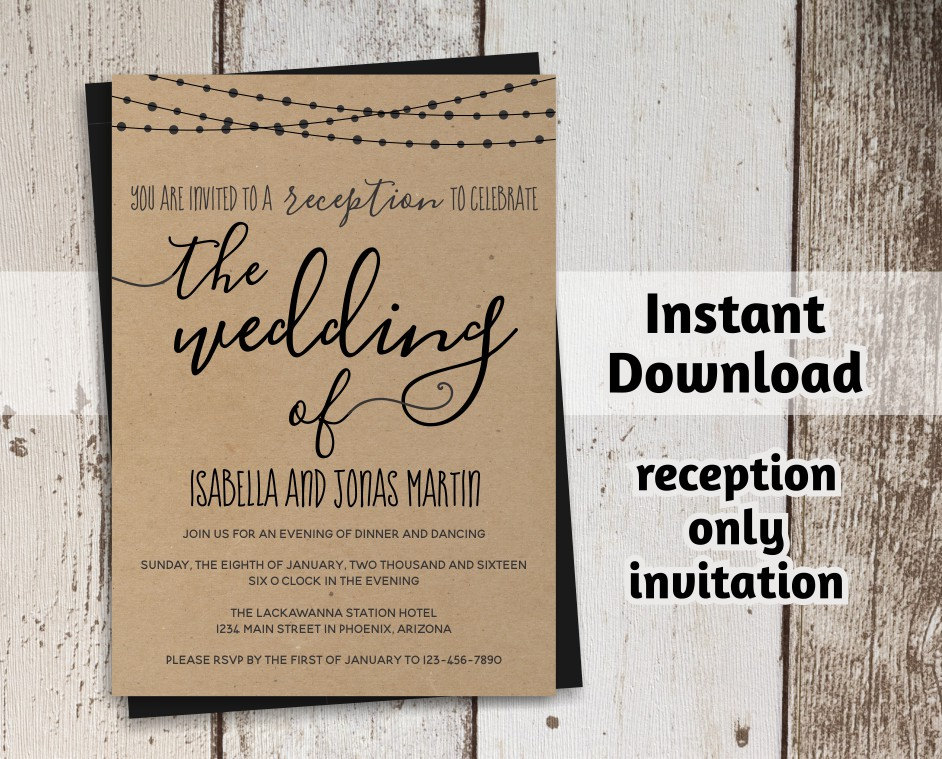 Reception Only Invitation Template - Rustic Printable Wedding Reception Invitation - Instant
