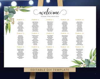 Eucalyptus seating chart botanical wedding, printable PDF template, editable seating table plan gum leaves green DIY - 18x24 / 24x36 DIGITAL