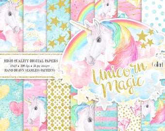Unicorn Paper Pack, Unicorn Backdrop Rainbows Digital Backgrounds, Seamless Papers, Baby Shower, Planner Stickers, Hand painted papers
