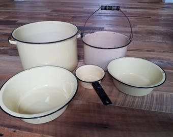Set of 5 vintage yellow enamelware with black trim