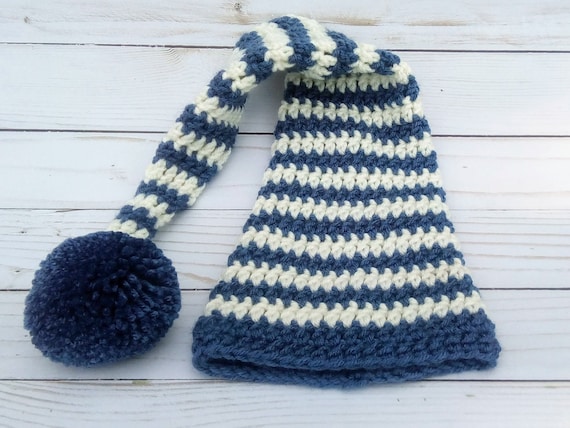 Newborn Blue & Cream Striped Elf Hat Newborn Blue & Cream Striped Elf Hat