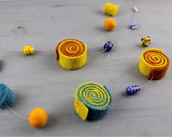 Yellow, blue Felt and Lampwork Glass Beads Necklace, Nickel free