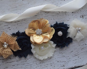 Flower Sash, Ivory gold navy Sash , flower Belt, maternity sash, flower girl sash, baby shower sash