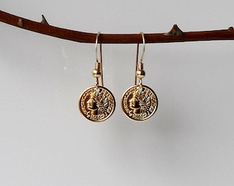 Gold Coin Earrings, Gold Dangle Earrings, Gold Earrings, Coin Drop Earrings, Gold Disc Earrings, Gold Filled Earrings, Tiny Gold Earrings