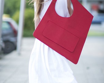 Bucket bag, Tote Bag, Red Leather Tote, Ruby Red Leather Bag, leather tote bag, leather shoulder bag, Asymmetrical Tote Bag - BA0862LD