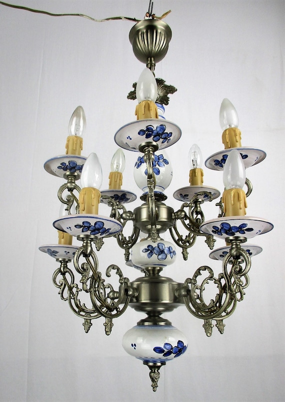 Vintage Delft Blue White Porcelain Spelter Chandelier Two Tier Vintage Delft Blue White Porcelain Spelter Chandelier Two Tier Double 10 Lights