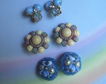 Vintage 50s Lot 3 Clip-On Earrings Blue Beads