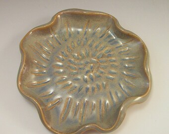 Spoon Rest in Carribean Sea Green/Hand Made Ruffled Pottery