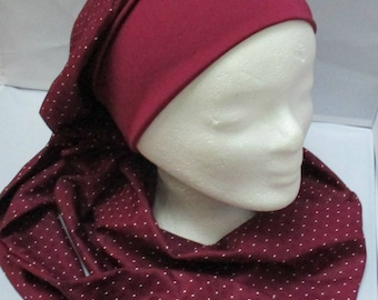 Preformed turban Sesame tie, wrap - Beanie - Hat - chemo band all in shades of Burgundy long Pan