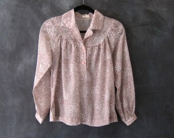 70s Sheer Floral Smocked Blouse Boho Hippie Lilac Button Down Top Ladies S/M